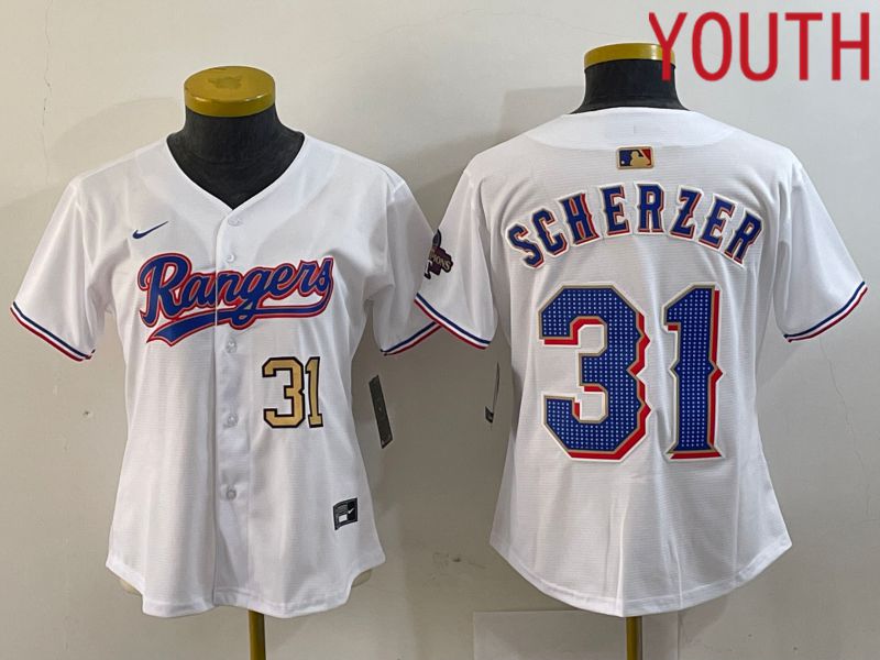 Youth Texas Rangers 31 Scherzer White Champion Game Nike 2024 MLB Jersey style 3